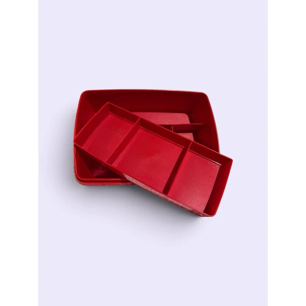 VTG Tupperware Red/Beige Rectangular Plastic Container Snap Lid 9 oz Stackable
